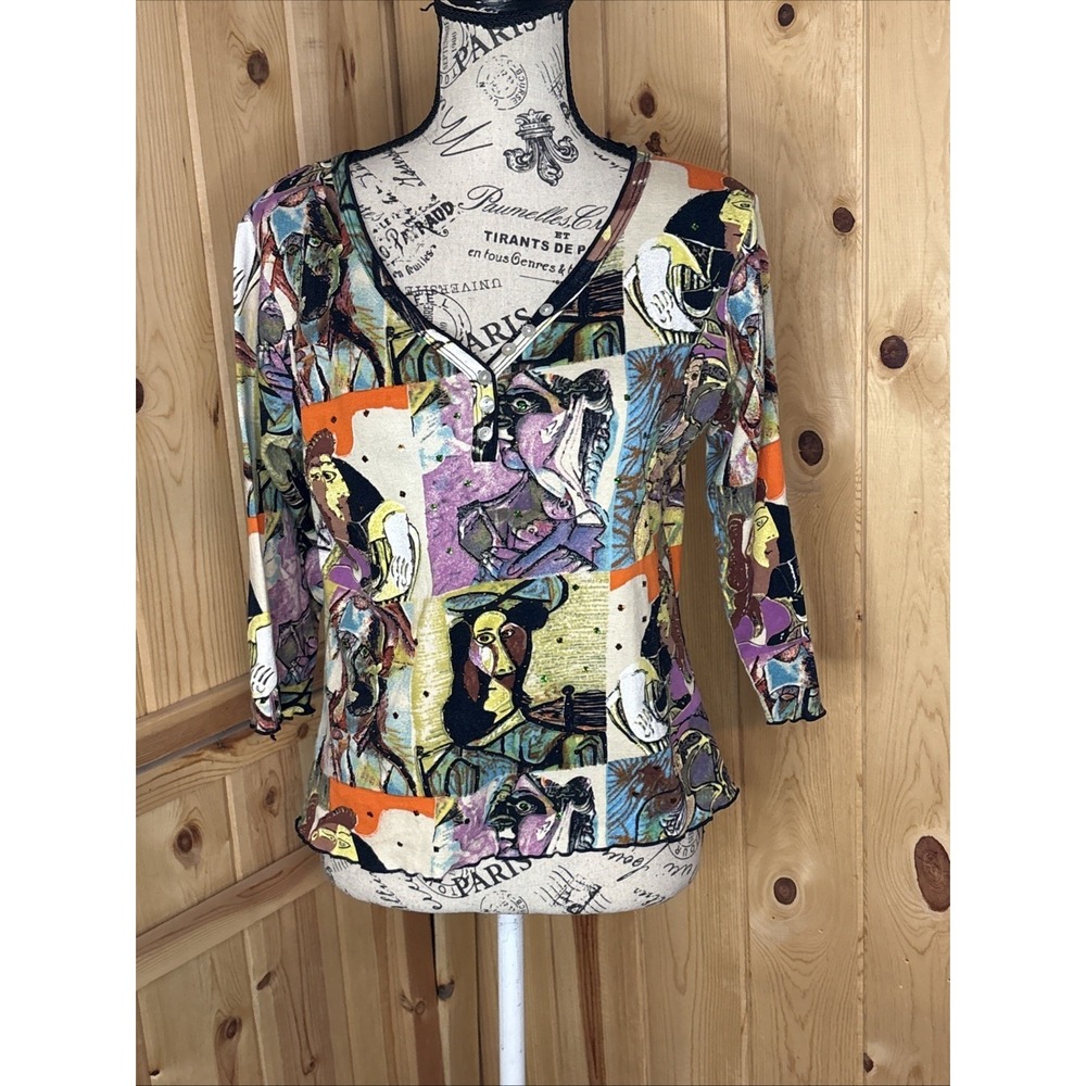 Vintage 90s Zashi Beaded Picasso Abstract Art Top Funky Art Wear Medium